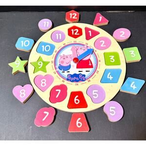 Peppa Pig Shape Sorter Clock Time Telling Puzzle Practice 8 1/2" Wood